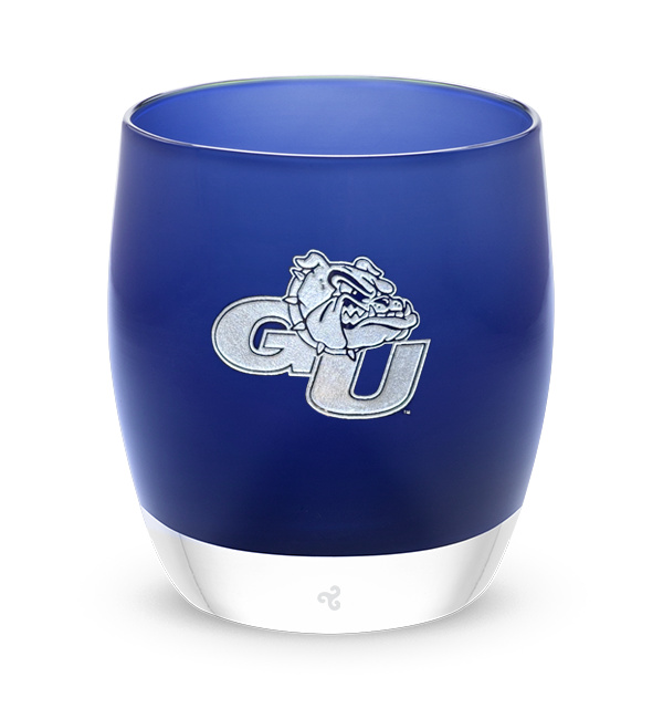zags, gonzaga university mascot logo in silver on navy blue, hand-blown glass votive candle holder.