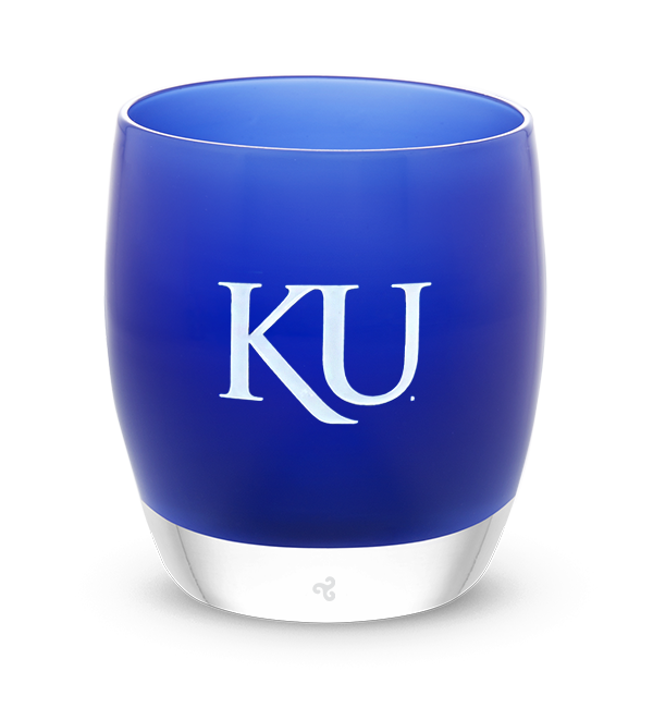 KU, royal blue with sandblasted Kansas University etching logo hand painted in white, hand-blown glass votive candle holder.