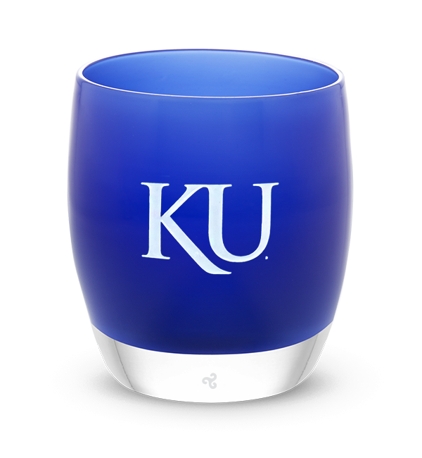 Kansas, royal blue with sandblasted Kansas University etching logo hand painted in white, hand-blown glass votive candle holder.