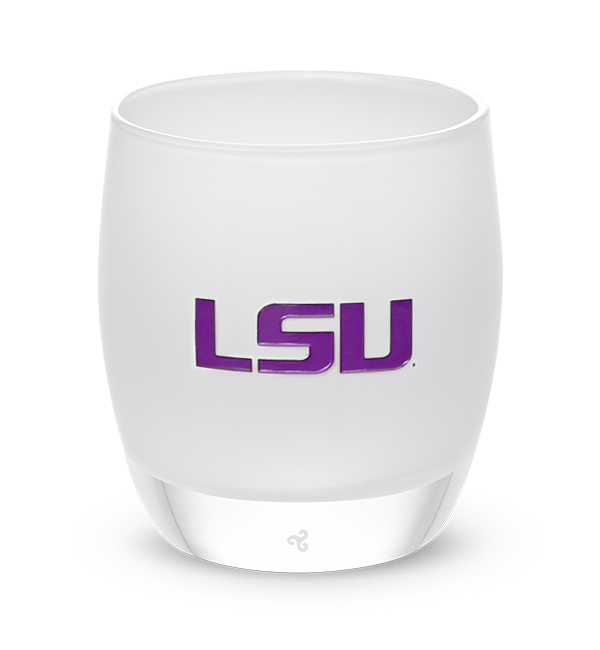 LSU, white with sandblasted Louisiana State University etching hand painted in purple, hand-blown glass votive candle holder.