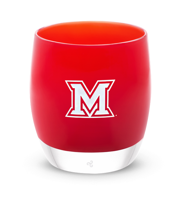 Miami U, red with sandblasted Miami University etching hand painted in white, hand-blown glass votive candle holder.
