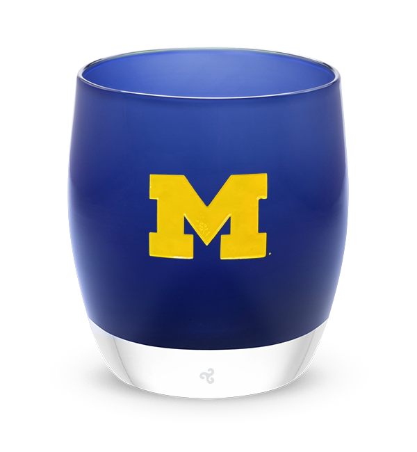 UM, navy blue with sandblasted University of Michigan etching hand painted in yellow, hand-blown glass votive candle holder.