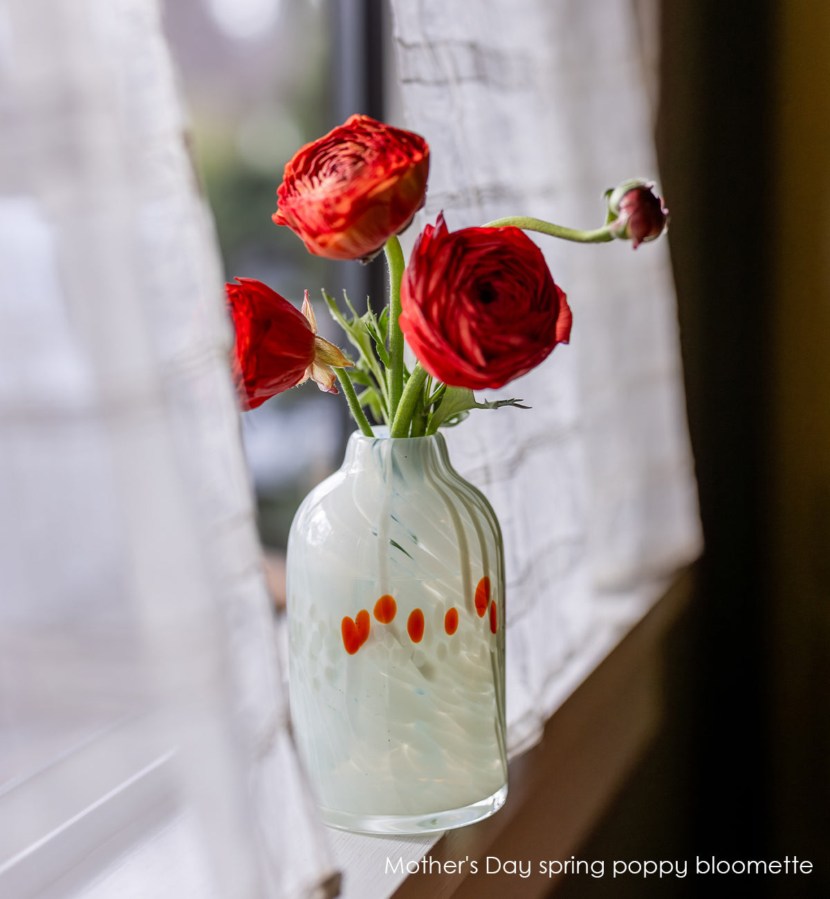 white bloomette vase with red spots with red flowers in a window