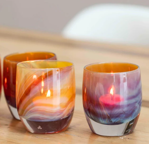horoscope warm toned swirl, hand-blown glass votive candle holders