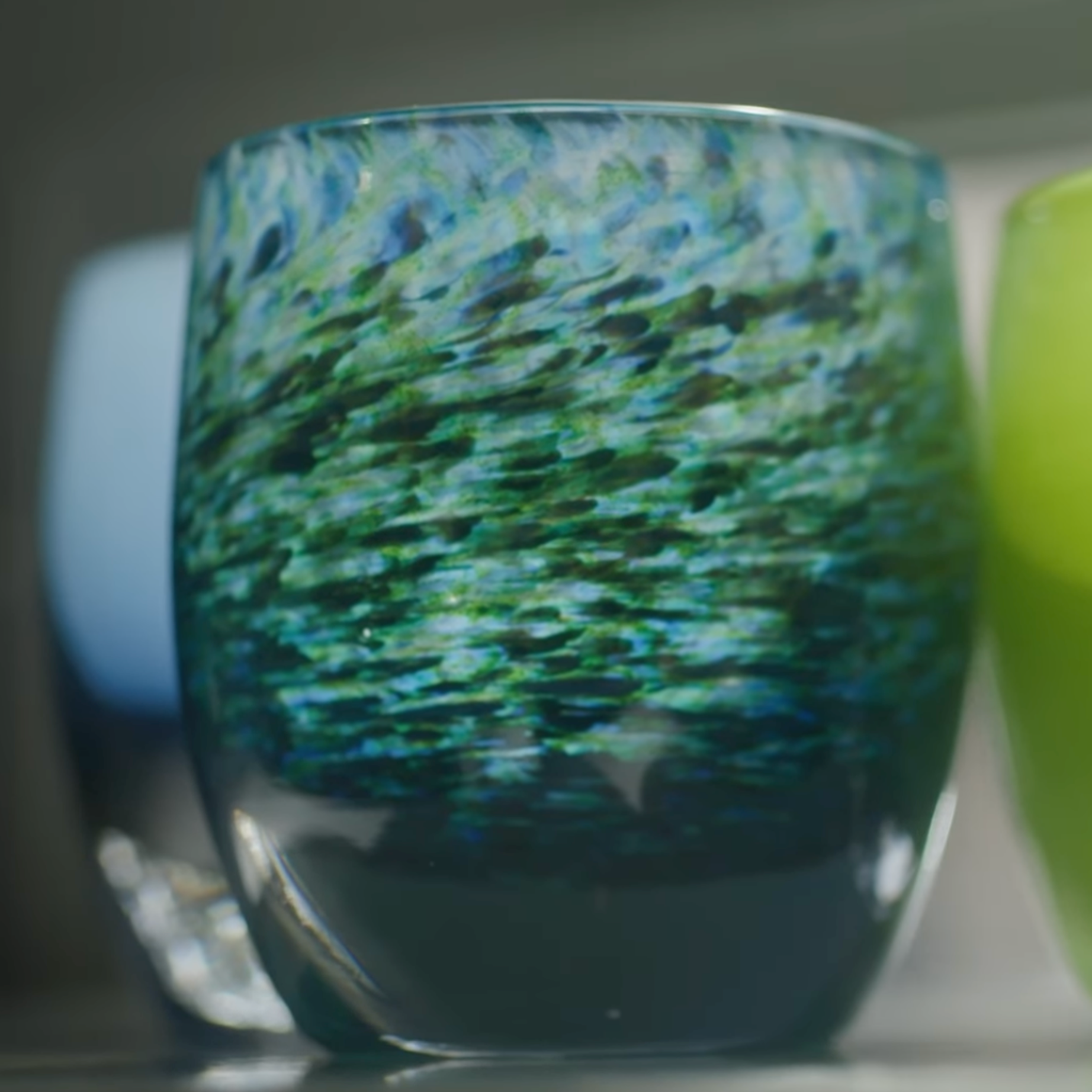 throwback blue green textured, hand-blown glass votive candle holder