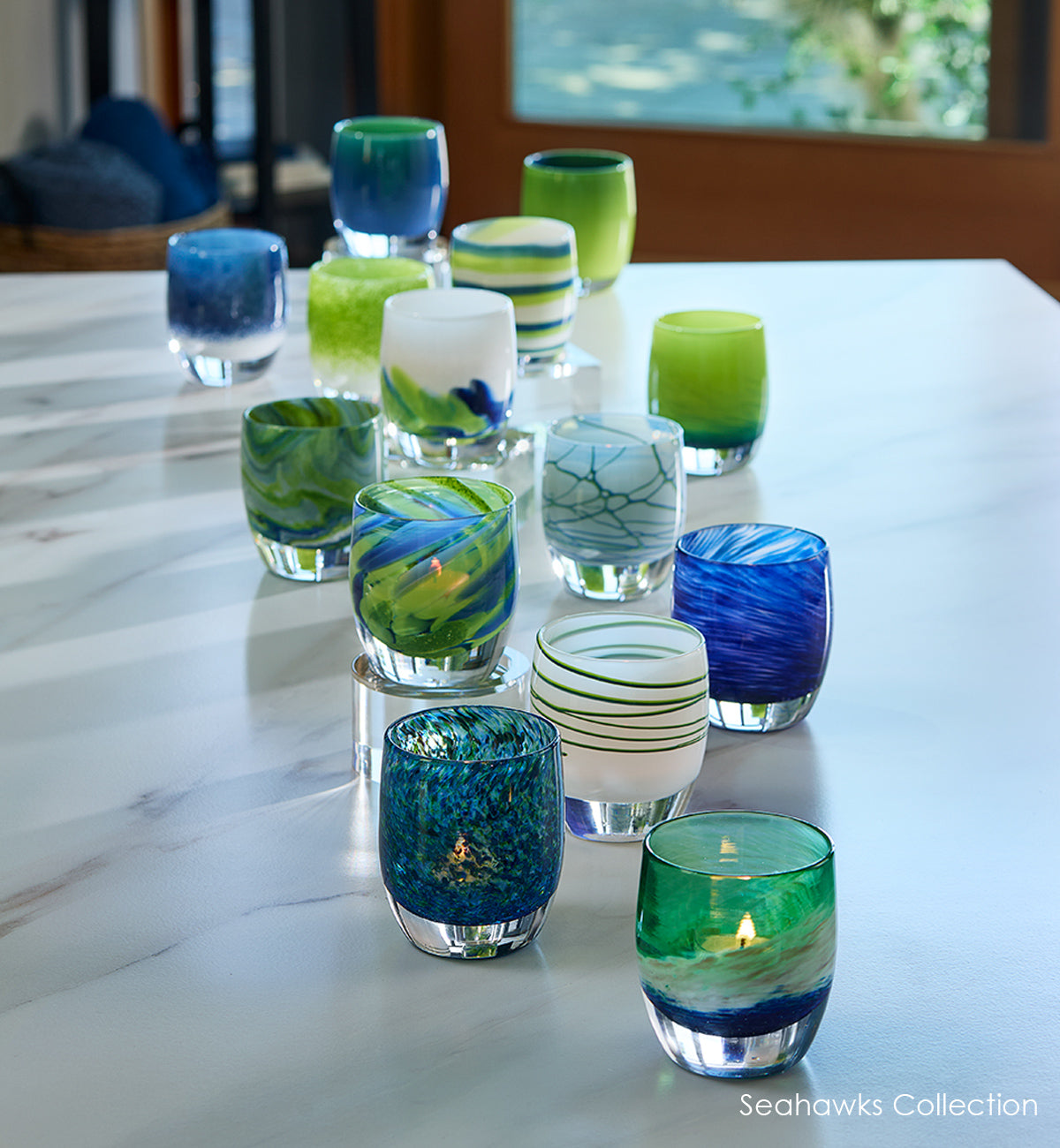 Seahawks Collection, 14 blue, white and green glassybaby hand-blown  candler holders