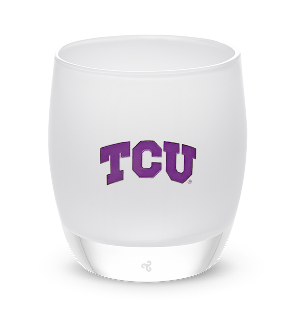 Texas Christian, white with sandblasted Texas Christian University etching hand painted in purple, hand-blown glass votive candle holder.