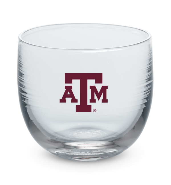 Texas A&M University drinker, clear hand-blown stemless wine glass with Texas A&M University logo hand-etched in maroon.