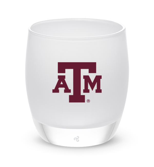 Texas A&M University white, white with sandblasted Texas A&M University logo etching hand painted in maroon, hand-blown glass votive candle holder.