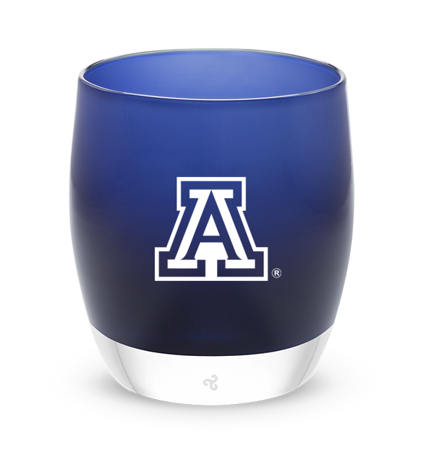 University of Arizona, navy with sandblasted University of Arizona logo etching hand painted in white, hand-blown glass votive candle holder.