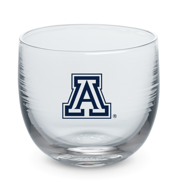 University of Arizona drinker, clear hand-blown stemless wine glass with University of Arizona logo hand-etched in navy.
