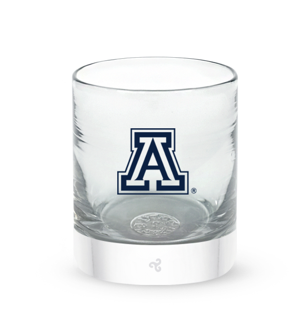 University of Arizona rocker, clear hand-blown lowball drinking glass with University of Arizona hand-etched in navy.