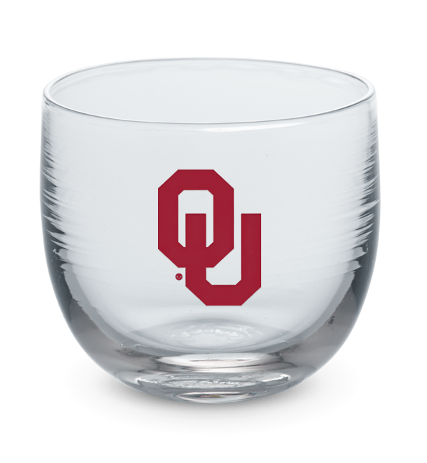 University of Oklahoma drinker, clear hand-blown stemless wine glass with University of Oklahoma logo hand-etched in red.