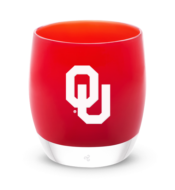 University of Oklahoma red, red with sandblasted University of Oklahoma logo etching hand painted in white, hand-blown glass votive candle holder.