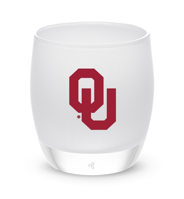 University of Oklahoma, white with sandblasted University of Oklahoma logo etching hand painted in red, hand-blown glass votive candle holder.
