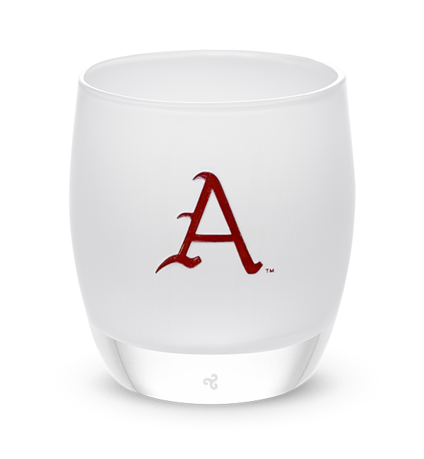 U of A,  white with sandblasted University of Arkansas etching hand painted in dark red, hand-blown glass votive candle holder