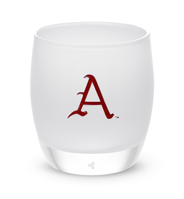 Arkansas,  white with sandblasted University of Arkansas etching hand painted in dark red, hand-blown glass votive candle holder