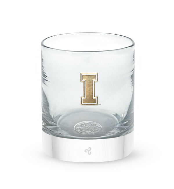 Idaho rocker, clear hand-blown lowball drinking glass with University of Idaho logo hand-etched in gold.