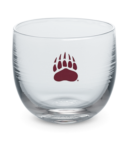 Montana drinker, clear hand-blown stemless wine glass with University of Montana bear paw print logo hand-etched in crimson.