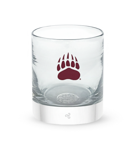 Montana rocker, clear hand-blown lowball drinking glass with University of Montana bear paw print logo hand-etched in crimson.