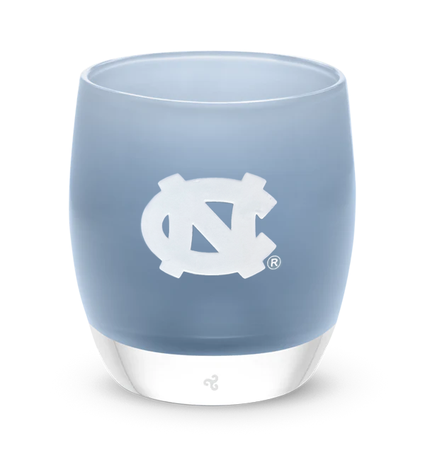 UNC, light baby blue with sandblasted University of North Carolina etching hand painted in white, hand-blown glass votive candle holder.