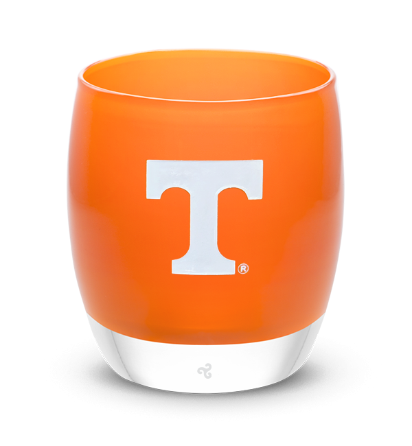 UT, orange with sandblasted University of Tennessee-Knoxville etching hand painted in white, hand-blown glass votive candle holder.