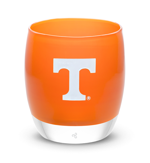 #School_Tennessee Tennessee, orange with sandblasted University of Tennessee-Knoxville etching hand painted in white, hand-blown glass votive candle holder.