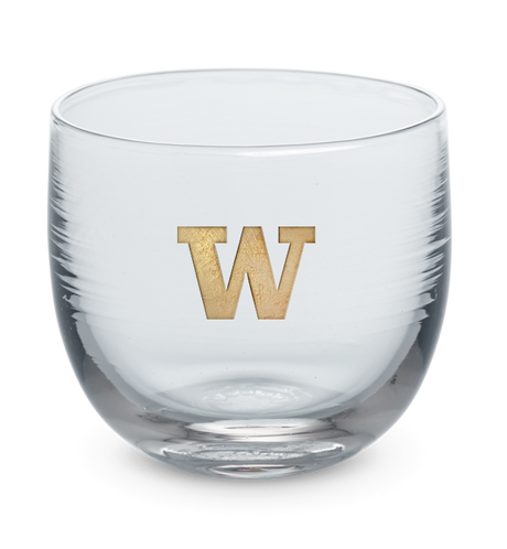 Washington drinker, clear hand-blown stemless wine glass with University of Washington logo hand-etched in gold.
