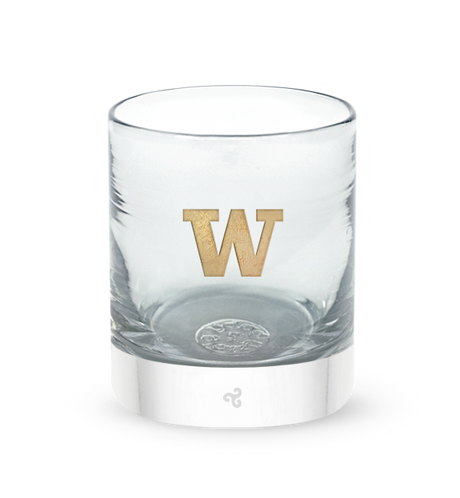 Washington rocker, clear hand-blown stemless wine glass with University of Washington logo hand-etched in gold.