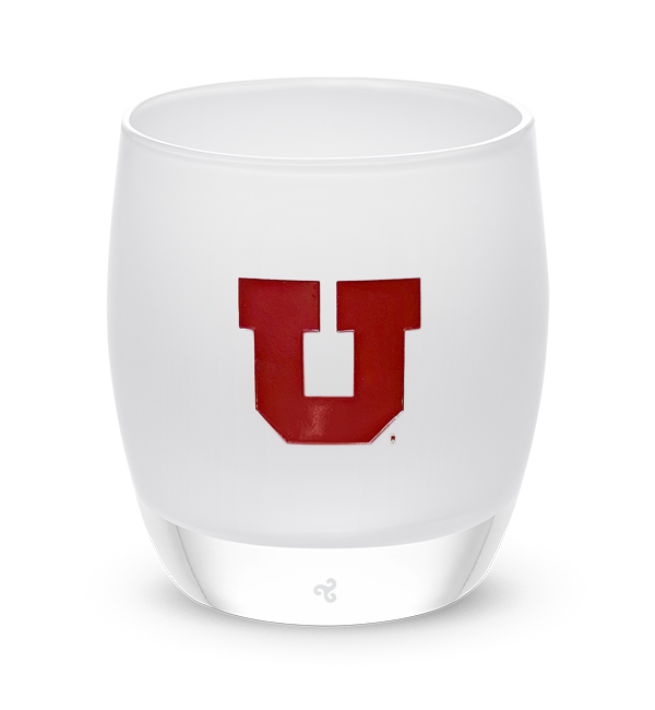 UU, white with sandblasted University of Utah etching hand painted in dark, hand-blown glass votive candle holder.