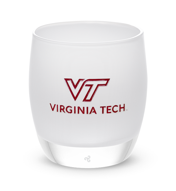 VT, white with sandblasted Virginia Tech logo etching hand painted in dark red, hand-blown glass votive candle holder.