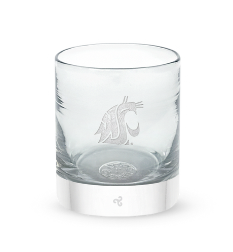 Washington State rocker set, clear hand-blown stemless wine glasses with University of Washington logo hand-etched in gold.