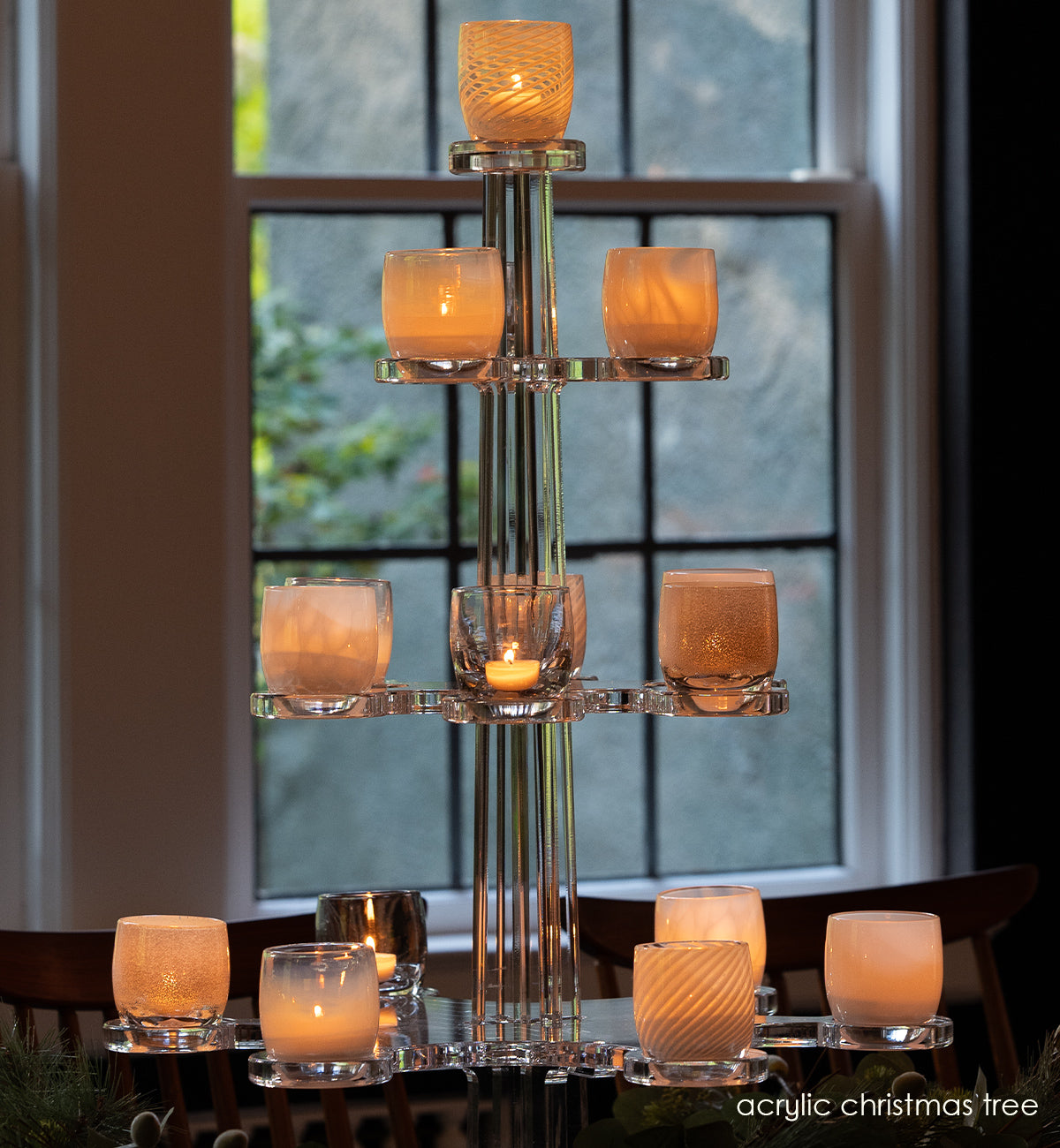 hand-blown glass votive candle holders on acrylic tree stand