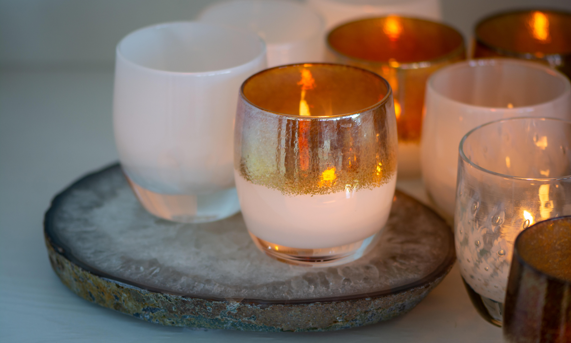 grace white with gold, hope white, yes white bubble, hand-blown glass votive candle holders