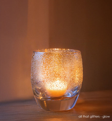 all that glitters - spark | one silver glitter, hand-blown glass votive candle holder