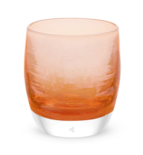 special treat, rustic orange transparent hand-blown glass votive candle holder.