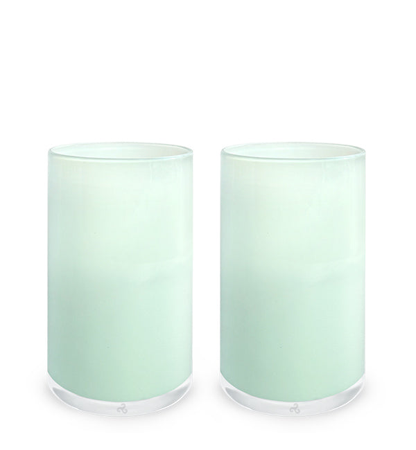 two aqua tumblers, translucent ocean blue hand-blown water glasses
