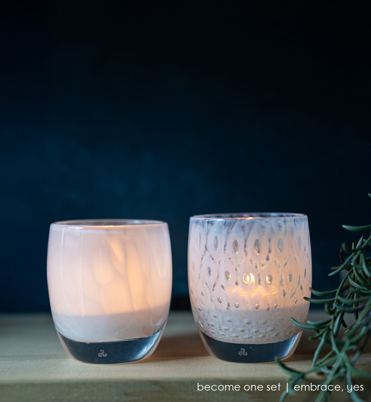 become one, set of 2 white handblown glass votive candle holders, yes and embrace.