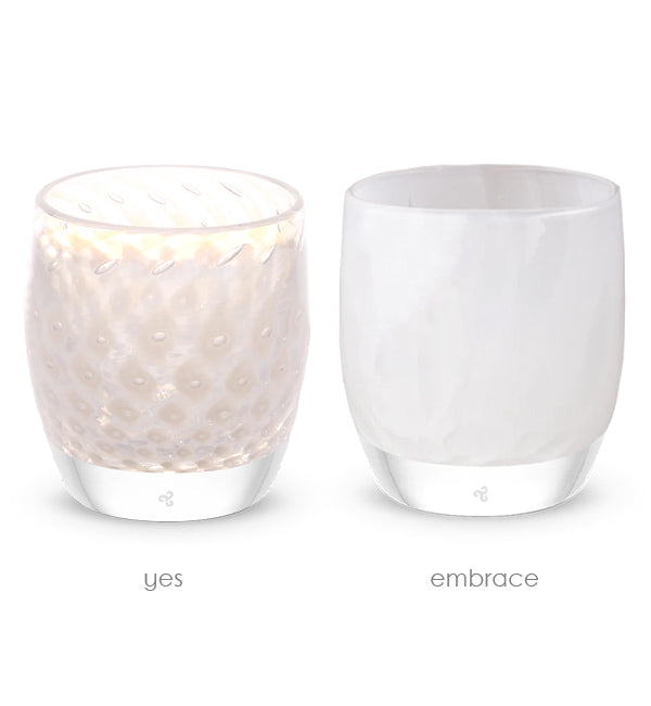 become one, set of 2 white handblown glass votive candle holders, yes and embrace.