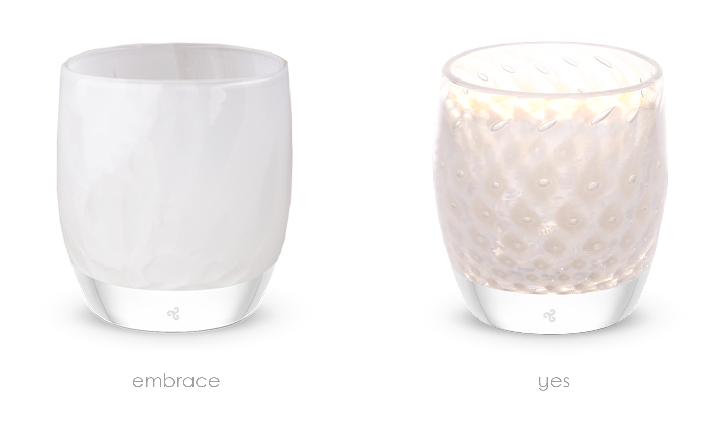 become one, set of 2 white handblown glass votive candle holders, yes and embrace.