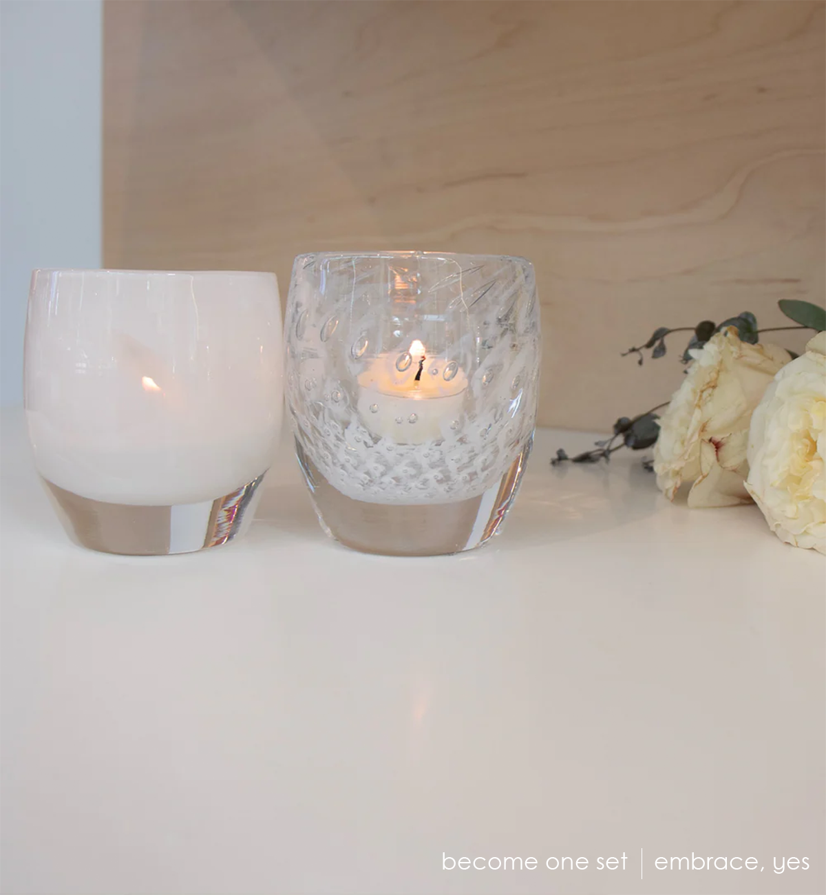 become one, set of 2 white handblown glass votive candle holders, yes and embrace.