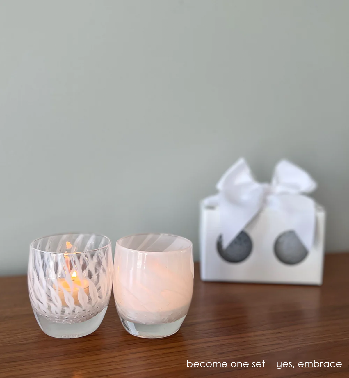 become one, set of 2 white handblown glass votive candle holders, yes and embrace.