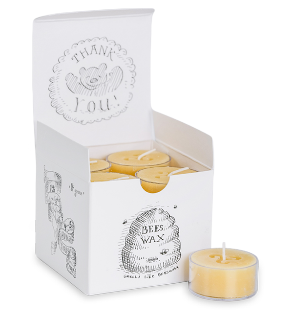 open box of twelve bees wax tea light candles