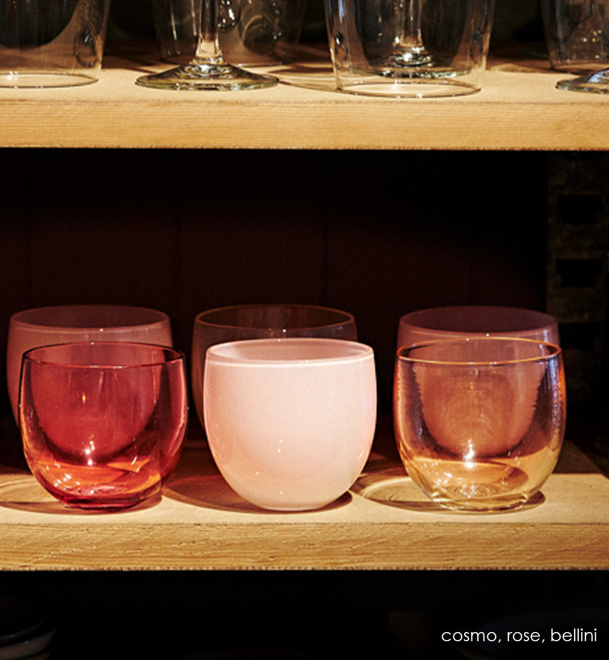 bellini drinker, translucent pink hand-blown drinking glass. Paired with cosmo and rose.