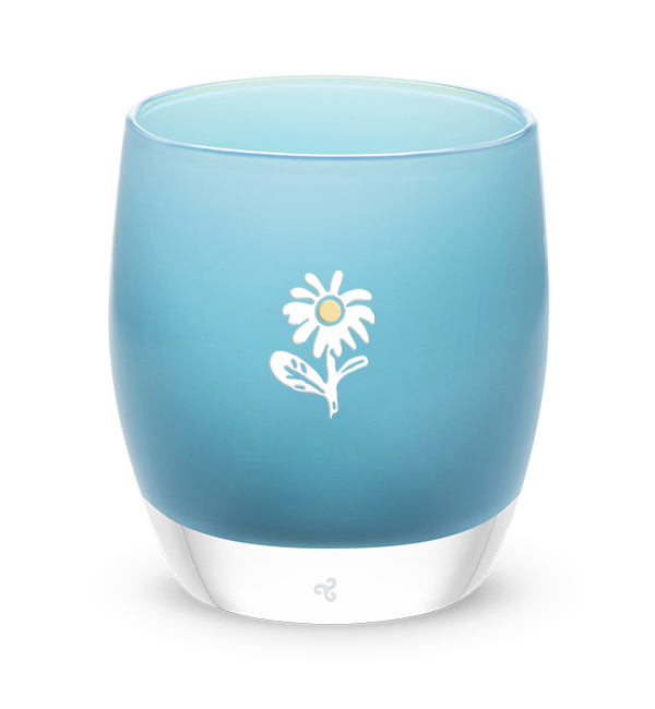 bloom blue glassybaby with white flower etched on it.