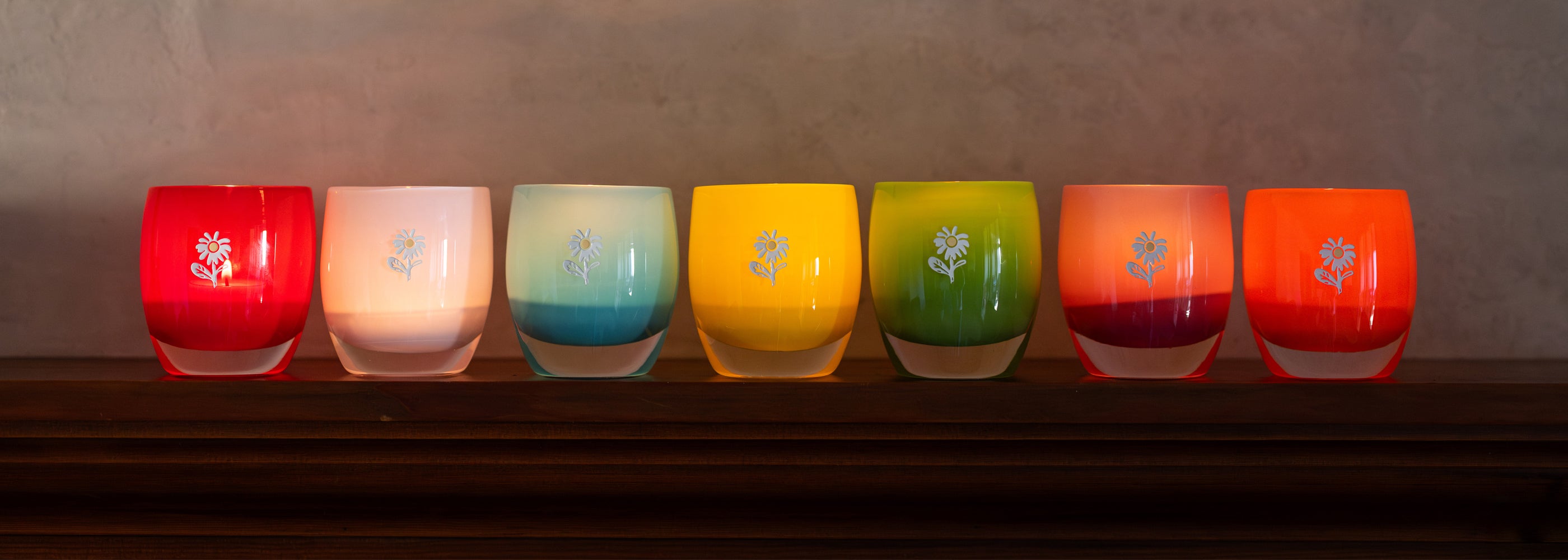 glassybaby bloom collection colorful lit hand-blown glass candle holders