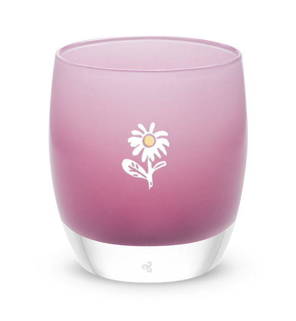 bloom pink glassybaby with white flower etched on it.
