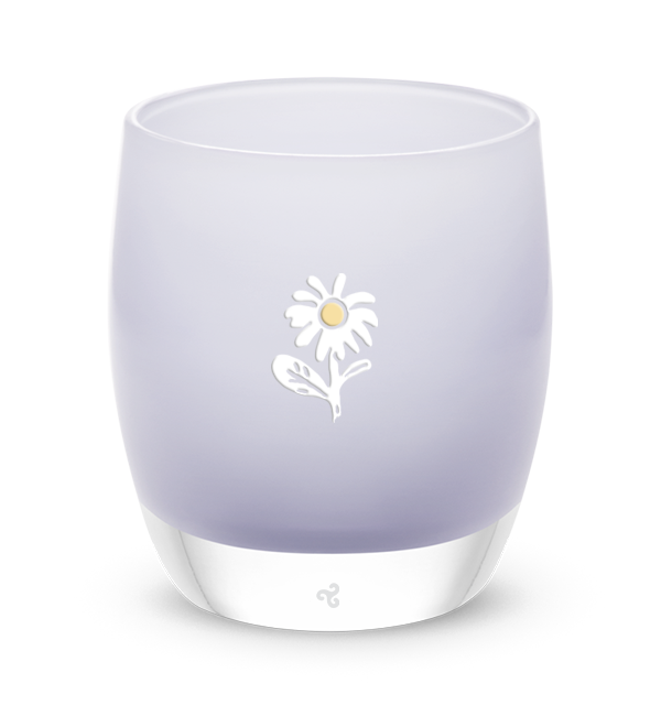 bloom purple glassybaby with white flower etched on it