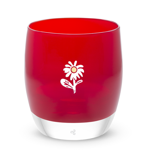 bloom red glassybaby with white flower etched on it