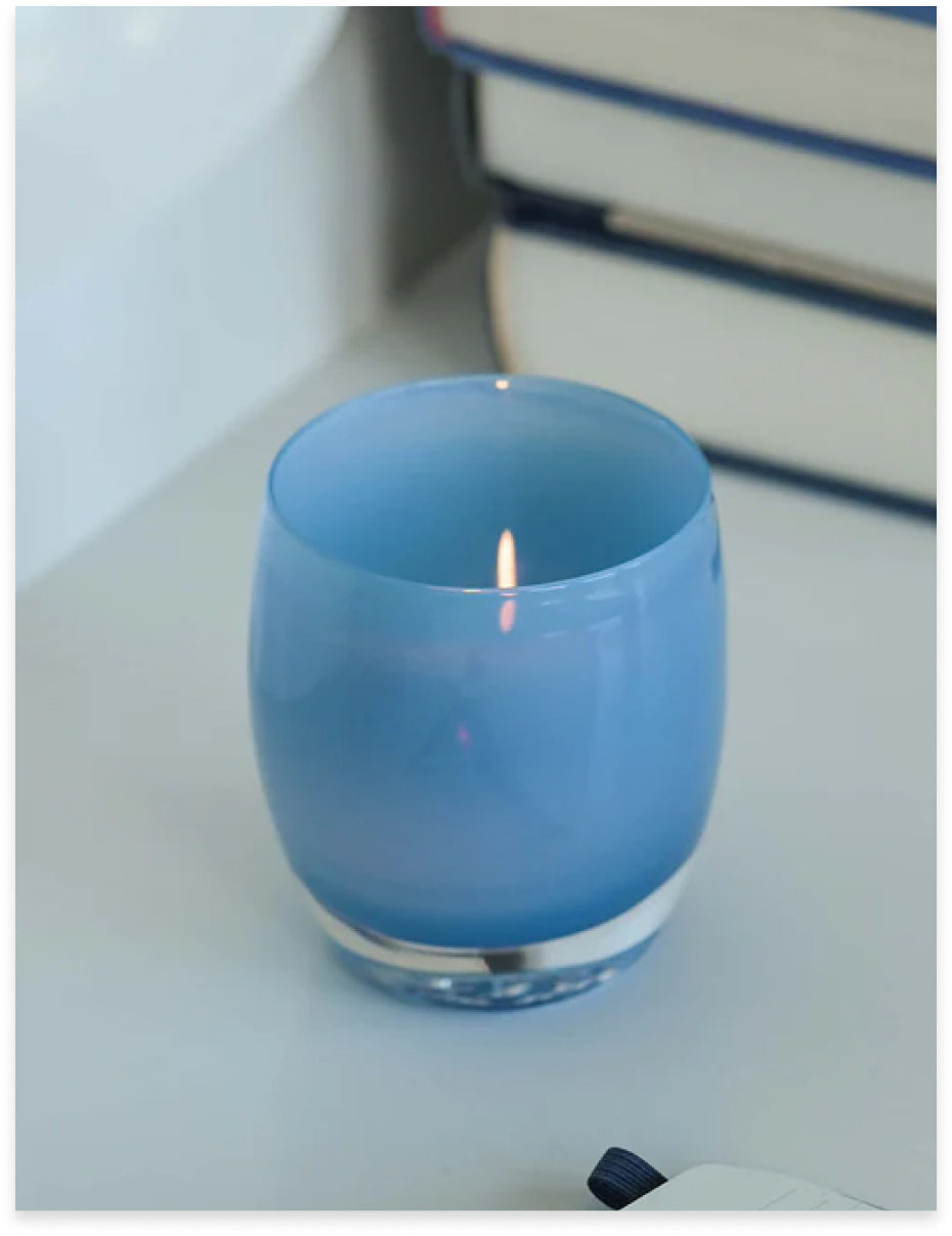 blue hand-blown glass candle holder